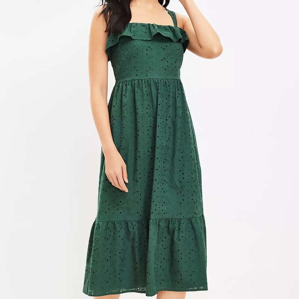 LOFT Eyelet Ruffle Square Neck Midi Dress - Size 8